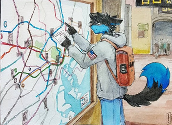 anthro backpack black_body black_fur black_hair blue_body blue_bottomwear blue_clothing blue_fur blue_pants bottomwear cheek_tuft clothed clothing dipstick_tail ears_back facial_tuft fur grey_clothing grey_hoodie grey_topwear group hair hoodie male map markings mouth_closed narrowed_eyes outside pants pivoted_ears short_hair solo_focus standing tail tail_markings topwear tuft akatan_art background_character canid canine canis mammal wolf signature traditional_media_(artwork)