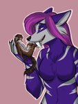 anthro breasts brown_body brown_fur brown_hair carrying_another duo ear_piercing ear_ring extreme_size_difference fangs female female/female fur hair holding_character licking markings piercing pink_eyes pink_hair purple_body purple_fur ring_piercing sabertooth_(anatomy) scared size_difference soaking striped_markings striped_tail stripes tail tail_markings teeth tongue tongue_out vore nyxapnea manny_goodrushed poojawa canid canine fox mammal procyonid raccoon absurd_res hi_res