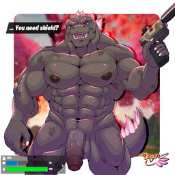 5_fingers abs anthro barazoku biceps big_muscles black_body claws fingers foreskin genitals gun handgun holding_gun holding_object holding_ranged_weapon holding_weapon humanoid_genitalia humanoid_penis looking_at_viewer male muscular muscular_anthro muscular_male nipples nude nude_anthro nude_male open_mouth penis pistol purple_spikes ranged_weapon silencer solo tail talking_to_viewer teeth text weapon ougon epic_games fortnite godzilla_(series) toho godzilla kaiju monster reptile scalie 1:1 2024 digital_media_(artwork) english_text hi_res portrait three-quarter_portrait