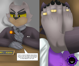4_fingers 5_toes anthro black_body black_fur body_worship boss cigar claws clothed clothing dialogue digit_ring duo eyebrows feet fingers foot_fetish foot_focus foot_play foot_smother fur gloves grey_body grey_fur handwear humanoid_feet jewelry male male/male plantigrade ring simple_background smoke smoking smothering split_screen suit text thick_eyebrows toe_claws toe_ring toes under_table yellow_eyes berk_rider domestic_cat felid feline felis mammal 2020 6:5 absurd_res english_text hi_res