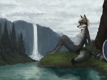 anthro axe breasts dipstick_tail female forest markings melee_weapon mountain multicolored_tail navel nipples nude outside plant reclining river sky solo tail tail_markings tree water waterfall weapon foxovh canid canine fox mammal 2018 4:3 digital_media_(artwork) shaded