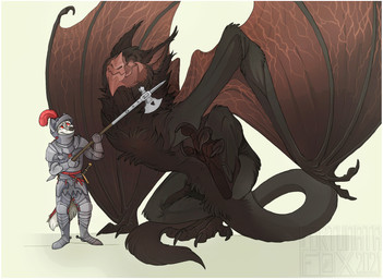 armor axe brown_body brown_fur duo eyes_closed feral fur halberd knight melee_weapon polearm red_eyes scratching simple_background smile standing tail warrior weapon white_background european_mythology mythology beau_(kofichee) bat canid canine dragon hybrid mammal mythological_creature mythological_scalie scalie western_dragon wyvern 2021 hi_res