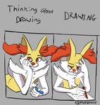 ambiguous_gender anthro crayon drawing drawing_(object) fur inner_ear_fluff lying on_front orange_eyes paper relatable relaxed_expression simple_background solo stressed text tuft white_body white_fur yellow_body pickleticklr nintendo pokemon braixen canid canine fox generation_6_pokemon mammal pokemon_(species) english_text meme