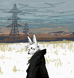 ambiguous_gender anthro big_ears black_clothing black_eyes cheek_tuft clothing eyebrows facial_tuft field grass jacket looking_back plant power_lines red_sky sky snow solo topwear tuft utility_pole white_body suciide devthefox_(character) canid canine fox mammal 2024 digital_media_(artwork) microsoft_paint_(artwork) female_(lore) trans_(lore) trans_woman_(lore)