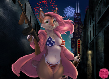 alcohol american_flag_bikini beverage bikini breasts chicago clothed clothing coat female flag_bikini flag_swimwear fur green_eyes gun hair highlights_(coloring) holding_beverage holding_object holding_weapon holidays looking_at_viewer open_clothing open_coat open_topwear pink_hair ranged_weapon scut_tail short_tail submachine_gun swimwear tail tan_body tan_fur thompson_gun topwear two-piece_swimsuit united_states_of_america weapon whiskey pawprincess 4th_of_july tammy_(pawprincess) felid feline lynx mammal absurd_res hi_res