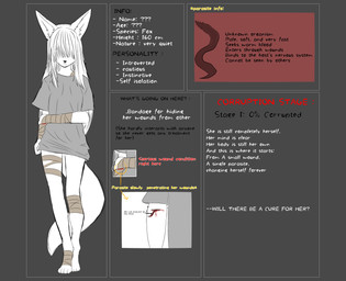 anthro bandage blood bodily_fluids corruption female hair long_hair parasite scar solo text kitsukaelkami canid canine fox mammal worm absurd_res english_text hi_res model_sheet unfinished