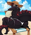 anthro beach big_breasts big_butt black_body black_scales breasts butt clothing female green_eyes hat headgear headwear huge_breasts huge_butt looking_back outside rear_view sand scales seaside sitting sky solo sun_hat swimwear tail tan_body tan_scales water tutifruti_(artist) crocodile crocodilian crocodylid reptile scalie absurd_res hi_res