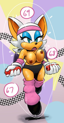 accessory anthro bodily_fluids bottomwear bouncing_breasts breasts brown_nipples camel_toe clothed clothing exercise female gloves handwear headband high_waisted_bottomwear jump_rope nipples solo sports_panties sweat topless wings ninoeros sr third-party_edit sega sonic_the_hedgehog_(series) rouge_the_bat bat mammal absurd_res artist_collaboration color_edit colored digital_media_(artwork) hi_res