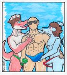 5_fingers abs anthro areola bald balls biped blue_background blue_body blue_clothing blue_scales blue_underwear blush bodily_fluids bone_frill brown_hair clothed clothing erection erection_under_clothing erection_under_underwear eyewear face_lick fingers frill_(anatomy) front_view genital_fluids genitals glans glasses green_clothing green_eyes green_underwear group hair hand_around_waist hand_on_chest hand_on_hip human_on_anthro humanoid_genitalia humanoid_hands humanoid_penis interspecies licking male male/male muscular muscular_anthro muscular_human muscular_male navel nipples non-mammal_balls non-mammal_nipples open_mouth penis precum precum_through_clothing precum_through_underwear purple_eyes red_clothing red_underwear round_glasses scales short_hair simple_background smile spiked_tail spikes spikes_(anatomy) standing sunglasses tail text tongue tongue_out topless topless_anthro topless_male trio underwear wet wet_clothing salyut_(artist) cavemanon_studios i_wani_hug_that_gator benjamin_mcknight damien_payne inco_(iwhtg) dilophosaurid dilophosaurus dinosaur hadrosaurid human hybrid mammal ornithischian ornithopod parasaurolophus prehistoric_species reptile scalie spinosaurid spinosaurus theropod 2025 absurd_res artist_name colored hi_res traditional_media_(artwork)