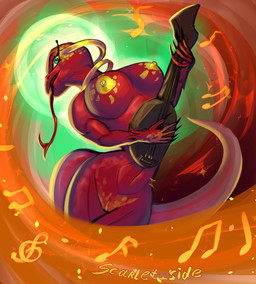 anthro bard big_breasts breasts clothing female gold_(metal) gold_jewelry green_eyes jewelry long_tongue looking_at_viewer magic musical_instrument nipples nude nude_anthro open_mouth red_body red_skin simple_background smile solo string_instrument tail thick_thighs tongue scarlet_side dungeons_and_dragons hasbro wizards_of_the_coast reptile scalie snake digital_media_(artwork) hi_res