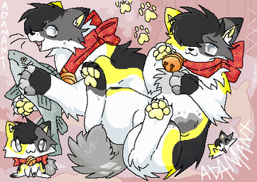 :3 ambiguous_gender bell claws feral glistening glistening_eyes happy head_tuft holding_fish neckwear pawpads smile solo text tuft conditional_dnp dethtwink aquatic bobtail_cat domestic_cat felid feline felis fish mammal aliasing digital_media_(artwork) english_text low_res shaded