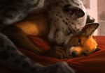 anthro bed black_body black_fur black_nose black_spots blue_eyes duo eye_contact fur furniture grey_body grey_fur inside looking_at_another lying male male/male markings nude on_bed on_front orange_body orange_eyes orange_fur romantic romantic_couple smile spots spotted_body spotted_fur whiskers white_body white_fur hax_(artist) kenket lofi canid canine felid feline fox leopard mammal pantherine red_fox snow_leopard true_fox 2016 digital_media_(artwork) digital_painting_(artwork)