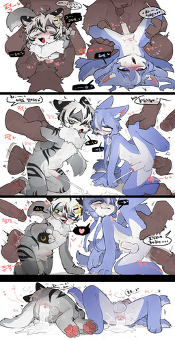 4_panel_comic abdominal_bulge after_anal afterglow ahegao anal anal_fluids anal_orgasm anal_penetration anthro anthro_focus anthro_on_anthro anthro_penetrated anthro_penetrating anthro_penetrating_anthro anus arch_position arm_pull balls biped black_border black_highlights black_stripes blue_body blue_eyes blue_fur blush bodily_fluids border bottomwear close-up closed_smile clothing constricted_pupils countershading cum cum_from_ass cum_in_ass cum_inside cum_on_ground cum_pool cum_while_penetrated cumshot dialogue disembodied_hand disembodied_penis dripping drooling duo_focus ejaculation faceless_anthro faceless_character faceless_male feet fellatio flesh_fang fluffy fluffy_tail foreskin four_row_layout from_behind_position from_front_position front_view fucked_silly fur fur_tuft gangbang genital_fluids genitals glans green_eyes grey_body grey_fur group group_sex hair hand_on_head hands-free heart_reaction heterochromia high-angle_view highlights_(coloring) hindpaw holding_leg humanoid_genitalia humanoid_penis inner_ear_fluff kneeling larger_anthro larger_male leaking_anus leaking_cum looking_at_another looking_at_partner looking_pleasured lying_on_ground male male/male male_anthro male_focus male_on_anthro male_penetrated male_penetrating male_penetrating_male monotone_hair mouth_closed multi_tail multicolored_body multicolored_fur narrowed_eyes navel neck_tuft nude nude_anthro nude_male on_ground one_eye_closed one_leg_up oral orgasm partially_retracted_foreskin paws penetration penile penile_penetration penis penis_in_ass penis_in_mouth plantigrade prison_guard_position pupils raised_leg rear_view saliva saliva_drip sex shaking shorts simple_background size_difference slim slim_anthro slim_male small_pupils smaller_anthro smaller_male smaller_penetrated smile speech_bubble star_pupils stripes sweat_emanata tail text tongue tongue_out tremble_spikes trembling tuft two_tone_body two_tone_fur upside_down white_background white_body white_countershading white_fur white_hair white_highlights young young_anthro young_focus young_male young_penetrated vitame83 fluffy_(fluffytail) bear canid canine felid fox mammal pantherine tiger 2026 absurd_res comic digital_drawing_(artwork) digital_media_(artwork) hi_res korean_text shaded soft_shading translation_request
