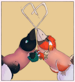 4_toes anthro avian_feet beak black_beak black_body black_claws black_feathers blue_body blue_feathers bodily_fluids border claws cock_transformation cum cum_from_mouth cum_from_penis cum_in_mouth cum_inside duo eyes_closed feather_hands feathers feet female fur genital_fluids genitals green_body green_eyes green_feathers hand_holding heart_symbol male mid_transformation multicolored_body multicolored_feathers orange_body orange_feathers penis red_body red_feathers simple_background smile tan_background toes transformation two_tone_body two_tone_feathers white_body white_border white_feathers white_fur katsergay avian bird hi_res