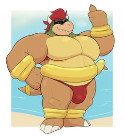 anthro armpit_hair armwear barefoot beach belly biceps big_belly big_bulge big_muscles biped body_hair border bulge claws clothed clothing eyebrows eyewear feet flotation_device furgonomics gesture hair hand_gesture horn legwear male musclegut muscular muscular_anthro muscular_male outside pecs plantigrade red_clothing red_thong red_underwear sand seaside smile solo speedo standing summer sunglasses swim_ring swimwear tail tail_clothing teeth thick_arms thick_thighs thong thumbs_up topless topless_anthro topless_male underwear water white_border denilsexo mario_bros nintendo bowser dragon_koopa koopa scalie 2025 hi_res