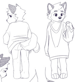 anthro clothing long_sleeves male oversized_clothing oversized_topwear raised_tail solo tail topwear young young_anthro young_male imnothere canid canine canis domestic_dog husky mammal nordic_sled_dog siberian_husky spitz hatching_(art) hi_res monochrome shaded