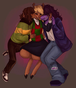 ambiguous_gender anthro barefoot blonde_hair blush bottomwear brown_body brown_fur brown_hair clothed clothing cloven_hooves eyelashes eyes_closed feet female female/ambiguous female/female footwear fur group hair hair_over_eyes hand_on_cheek hand_on_head hooves human_on_anthro interspecies jacket kissing long_hair open_clothing open_jacket open_mouth open_smile open_topwear pants polyamory purple_body purple_hair red_nose scut_tail sharp_teeth shirt short_tail simple_background sitting skirt smile sweater tail teeth toes topwear priska deltarune undertale_(series) kris_dreemurr noelle_holiday susie_(deltarune) deer human mammal new_world_deer reindeer scalie hi_res signature