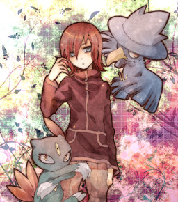female grey_eyes group hair looking_at_viewer red_hair short_hair haikaruki nintendo pokemon silver_(pokemon) generation_2_pokemon human mammal murkrow pokemon_(species) sneasel