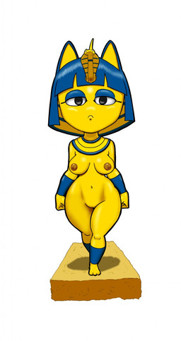 anthro areola blue_ears blue_eyeshadow blue_hair breasts brown_areola brown_nipples eyeshadow female front_view frown hair looking_at_viewer looking_forward makeup medium_breasts navel nipples nude simple_background solo standing white_background yellow_body yellow_inner_ear tansau animal_crossing nintendo ankha_(animal_crossing) domestic_cat felid feline felis mammal 2018 hi_res
