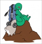 anthro backpack biped border chibi duo feral green_body grey_border looking_at_viewer male mountain mountain_climbing nude quadruped simple_background sitting standing stripes tail white_background trashdogeking toki_(character) bovid caprine goat lizard mammal reptile scalie 2011 digital_media_(artwork) full-length_portrait portrait