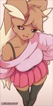 anthro bottomwear breasts brown_body brown_fur clothed clothed_anthro clothed_female clothing female front_view fully_clothed fully_clothed_anthro fully_clothed_female fur legwear long_ears looking_at_viewer open_mouth open_smile red_eyes simple_background smile solo standing thigh_highs tongue topwear yorusagi nintendo pokemon generation_4_pokemon lopunny pokemon_(species) 1:2 hi_res
