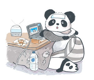 biped black_body black_nose blush chibi computer detailed_background electronics multicolored_body plushie sitting solo two_tone_body white_body araru bear giant_panda mammal 2023 hi_res
