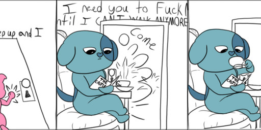 begging beverage book butt chair container crossed_legs cup dialogue door drinking female furniture genitals humor knocking male profanity reading rear_view sitting standing tea tea_cup text vulva trashbadger cartoon_network mao_mao:_heroes_of_pure_heart ol'_blue penny_(mao_mao) canid canine canis domestic_dog mammal comic english_text