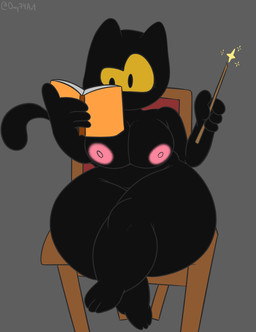 4_fingers anthro big_breasts black_body black_eyes book breasts chair female fingers furniture magic magic_wand nipples on_chair pink_nipples reading sitting sitting_on_chair solo tail thick_thighs wand day74art google google_doodle magic_cat_academy momo_(google) domestic_cat felid feline felis mammal hi_res