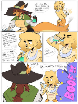 anthro clothing dialogue duo female gender_transformation hat headgear headwear magic magic_user male onomatopoeia potion_bottle shirtless_male sound_effects text transformation witch witch_hat nedwardo canid mammal 3:4 comic english_text hi_res