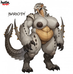 anthro areola belly big_areola big_breasts blue_eyes breasts claws dark_areola dark_nipples fangs female fur huge_areola huge_breasts muscular muscular_anthro muscular_female navel nipples overweight overweight_anthro overweight_female puffy_areola puffy_nipples sabertooth_(anatomy) solo spikes spikes_(anatomy) tail teeth thick_thighs underbelly white_body white_fur raudegil capcom monster_hunter barioth flying_wyvern hi_res