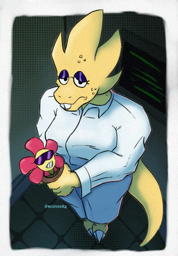 anthro buckteeth claws clothing coat eyelashes eyewear female flower freckled_face freckles glasses glistening_eyelids lab_coat laboratory long_eyelashes plant scale_freckles scales solo standing tail teeth topwear microvoltz undertale_(series) alphys monster reptile scalie