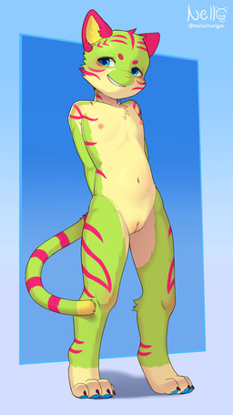 andromorph anthro blue_background blue_eyes blush fur genitals green_body green_fur hands_behind_back intersex navel nipples nude pink_stripes simple_background solo standing stripes vulva young young_anthro young_intersex nello_the_tiger nello felid mammal pantherine tiger absurd_res hi_res signature