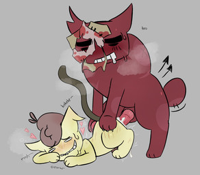 anal anal_penetration animal_genitalia animal_penis bag bareback bite biting_lip biting_own_lip blush blush_lines bodily_fluids breath brown_tail cent_sign claws cum cum_drip cum_in_ass cum_inside currency_symbol digitigrade directional_arrow doggystyle dripping drooling duo empty_eyes enjoying erection eyes_closed feline_genitalia feline_penis feral feral_on_feral feral_penetrated feral_penetrating feral_penetrating_feral from_behind_position genital_fluids genitals grey_background hand_on_butt heart_symbol hybrid_genitalia hybrid_penis knot knotted_feline_penis knotted_penis lying male male/male male_penetrated male_penetrating male_penetrating_male mask moan money_bag motion_lines on_front panting pawpads paws penetration penile penile_penetration penis penis_in_ass pink_pawpads quadruped rear_admiral_position red_body saliva saliva_on_face scratches scratching_butt self_bite sex shaking side_view simple_background skin_mask spiked_penis spikes spikes_(anatomy) steamy_breath sweat sweaty_face symbol tail tail_motion tailwag text trembling wearing_skin white_eyes yellow_body slasher_(artist) mewgenics dack_(mewgenics) gein_(mewgenics) domestic_cat felid feline felis mammal 2026 digital_drawing_(artwork) digital_media_(artwork) english_text full-length_portrait hi_res portrait