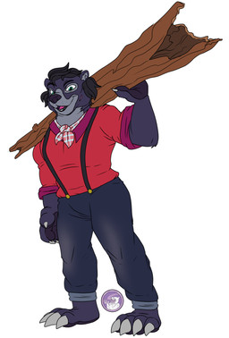 anthro bottomwear burly claws clothing denim denim_bottomwear denim_clothing female jeans kerchief log lumberjack overalls pants paws scar shirt smile solo topwear wood hyperchibiabsol bear mammal absurd_res hi_res