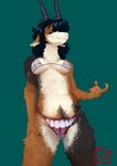 anthro bikini black_body black_fur black_hair breasts brown_body brown_fur calico_pattern clothed clothing female fur hair pubes sharp_teeth solo swimwear teeth two-piece_swimsuit white_body white_fur kingmoth constance_(appelsaus) bovid caprine goat hybrid mammal absurd_res hi_res