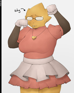 big_breasts bottomwear breasts clothing cosplay eyewear female freckles glasses gloves handwear overweight overweight_female shy skirt solo yellow_body ketvesce undertale_(series) alphys scalie 4:5 absurd_res hi_res