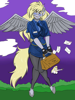 accessory anthro anthrofied blonde_hair bottomwear breasts clothing cloud eyewear feathered_wings feathers female fingerless_gloves flying fur glasses gloves grey_body grey_feathers grey_fur hair handwear hooves legwear letter necktie open_mouth skirt solo tail thigh_highs wings yellow_tail sailoranna friendship_is_magic hasbro my_little_pony mythology derpy_hooves_(mlp) equid equine mammal mythological_creature mythological_equine pegasus 2022 3:4 hi_res