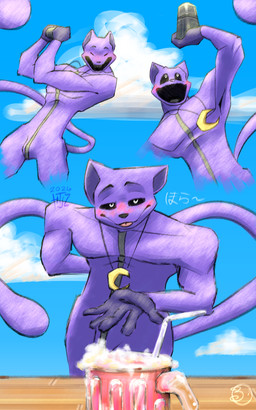 5_fingers anthro drinking_straw fingers fur furniture jewelry long_tail looking_at_another male page_number pendant purple_body purple_fur seductive serving shake solo table tail text tongue tongue_out zipper valken_holmes mob_entertainment poppy_playtime smiling_critters catnap_(poppy_playtime) canid canine felid feline mammal dated hi_res japanese_text watermark