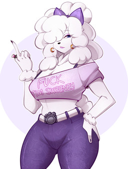 accessory anthro arm_tuft belt blue_eyes bottomwear bow_ribbon bra breasts claws clothed clothing crop_top ear_piercing ear_ring eyelashes female finger_claws fluffy fluffy_hair fluffy_tail fur gem gesture hair hair_accessory hair_bow hair_ribbon hand_gesture hand_on_hip jewelry lips lipstick makeup mascara middle_finger midriff pants piercing pink_lips pink_lipstick pose purple_bow ribbons ring ring_piercing shirt solo standing tail text topwear tuft underwear white_body white_fur white_hair wrist_tuft zevulpes epic_games fortnite lady_poodlina canid canine canis domestic_dog mammal poodle 2026 english_text hi_res pinup portrait three-quarter_portrait