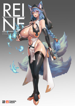 areola areola_slip big_breasts blue_hair braided_hair breasts cross eyewear female glasses hair huge_breasts navel nun single_braid solo veil wide_hips tamada_heijun reine_(foxyreine) animal_humanoid canid canid_humanoid canine canine_humanoid fox_humanoid humanoid mammal mammal_humanoid absurd_res hi_res