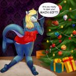 anthro biped butt butt_pose christmas_tree clothed clothing female holidays inside kneeling looking_at_viewer plant pose seductive solo suggestive text tree sheenny christmas mon_(shiverwolf) mammal marine pinniped seal weddell_seal 1:1 2016 comic_sans digital_media_(artwork) english_text hi_res shaded