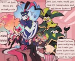 anthro clothed clothing female group male profanity rubber_duck text trio juulcheesecake hazbin_hotel helluva_boss asmodeus_(helluva_boss) lucifer_(hazbin_hotel) mammon_(helluva_boss) queen_bee-lzebub_(helluva_boss) arthropod bee canid canine demon demon_humanoid fox humanoid hybrid hymenopteran insect mammal english_text hi_res