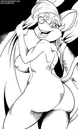 anthro big_breasts big_butt big_ears big_nose black_eyes breasts butt female head_tuft holding_curtain long_tail looking_at_viewer looking_back rear_view side_boob simple_background smile solo standing tail teeth text tuft tiquitoc pinky_and_the_brain warner_brothers billie_(pinky_and_the_brain) house_mouse mammal mouse murid murine rodent 2023 dated graphite_(artwork) hi_res monochrome signature traditional_media_(artwork) url