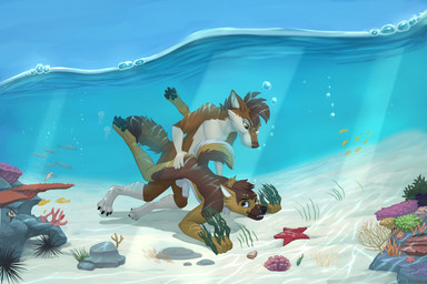 air_bubble anal anthro aquaphilia black_nose brown_body brown_fur brown_hair countershading duo fluffy fluffy_tail from_behind_position fully_submerged fur genitals gloves_(marking) hair holding_butt leg_markings looking_at_another male male/male markings multicolored_body multicolored_fur penis sand sea seabed sex socks_(marking) tail underwater underwater_sex water dishka kai_stormpaw canid canine mammal