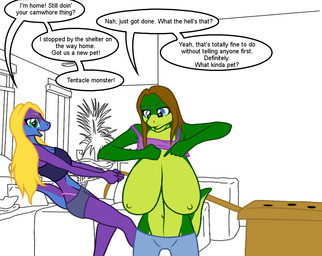 anthro asking asking_another asking_what big_breasts blonde_hair blue_eyes box breasts brown_hair clothed clothing container dialogue duo female green_eyes hair huge_breasts linked_speech_bubble navel nipples non-mammal_breasts non-mammal_nipples offscreen_character profanity question questioning_tone simple_background speech_bubble standing talking_to_another text topless yes-no_question sarcolopter ashley_brooks samantha_brooks lizard reptile scalie english_text sibling_(lore) sister_(lore) sisters_(lore)