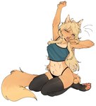 abdominal_scar anthro black_clothing black_legwear black_panties black_thigh_highs black_underwear blonde_hair breast_scar breasts clothing crop_top eyes_closed female hair kneeling legwear long_hair open_mouth panties pawpads raised_arm scar shirt simple_background solo stretching tail thigh_highs toeless_legwear topwear underwear white_background yawn raccoattack domestic_cat felid feline felis mammal digital_drawing_(artwork) digital_media_(artwork) hi_res