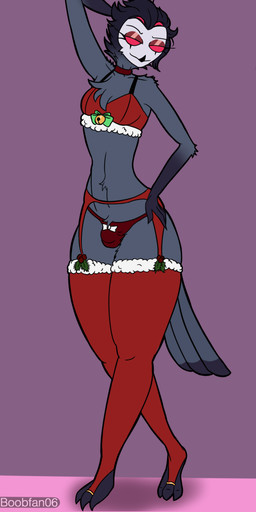 anthro bell black_hair bow_accessory bulge chest_tuft choker christmas_clothing clothing detailed_bulge eyelashes eyeshadow feathers feet femboy festive fluffy fur fur_trim_(clothing) grey_body grey_feathers hair holidays holly_(plant) jewelry lingerie looking_at_viewer makeup male necklace pink_background plant pose red_clothing red_sclera simple_background small_waist smile smirk solo stirrup_legwear tail talons text thick_thighs thong toes tuft underwear boobfan06 christmas hellaverse helluva_boss stolas_(helluva_boss) avian bird demon owl owl_demon 2025 artist_name flat_colors full-length_portrait hi_res pinup portrait