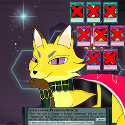 ambiguous_gender black_hole card feral looking_at_viewer magic_user purple_eyes question_mark solo spell_card_(yu-gi-oh) trap_card_(yu-gi-oh) yellow_body miles_rosebh yu-gi-oh! majespecter_fox_kyubi canid canine fox fox_spirit majespecter mammal 1:1 hi_res