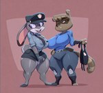 anthro barefoot big_breasts bigdad biped breasts brown_body brown_eyes brown_fur brown_tail buckteeth canid canine clothed clothing disney duo feet female fur grey_body grey_fur grey_tail huge_breasts huge_hips judy_hopps lagomorph leporid looking_aside mammal miyu_hamada necktie nippon_3000_police_department open_mouth police police_uniform rabbit raccoon_dog short_tail simple_background tail tanuki teeth uniform wide_hips zootopia