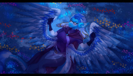 anthro blush breasts butt calm cape clothed clothing costume dark eyes_closed eyewear feathered_wings feathers female field flower fur glasses gloves hair handwear moon night open_mouth outside plant sky smile solo tail water wings narikusha mythology angel dragon mythological_creature mythological_scalie scalie 7:4 absurd_res colored digital_media_(artwork) hi_res shaded